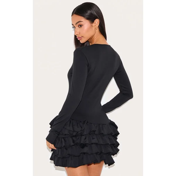 Noir Robe Droite Mini À Manches Longues Avec Détail À Volants Petite