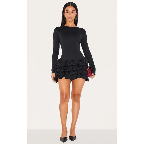 Noir Robe Droite Mini À Manches Longues Avec Détail À Volants Petite