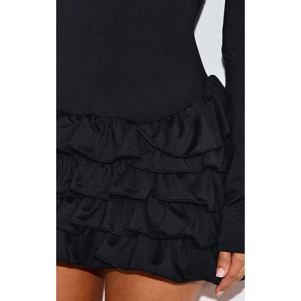 Noir Robe Droite Mini À Manches Longues Avec Détail À Volants Petite