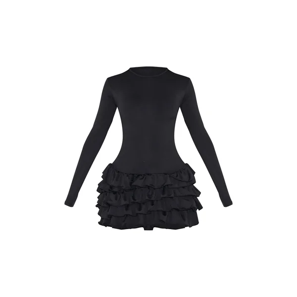 Noir Robe Droite Mini À Manches Longues Avec Détail À Volants Petite
