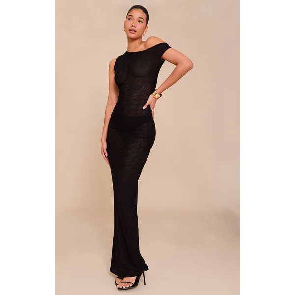 Noir Robe Longue Asymétrique En Maille Double Épaisseur
