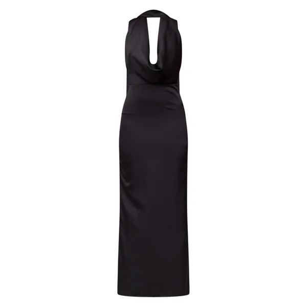 Noir Robe Longue Drapée En Satin À Col Bénitier