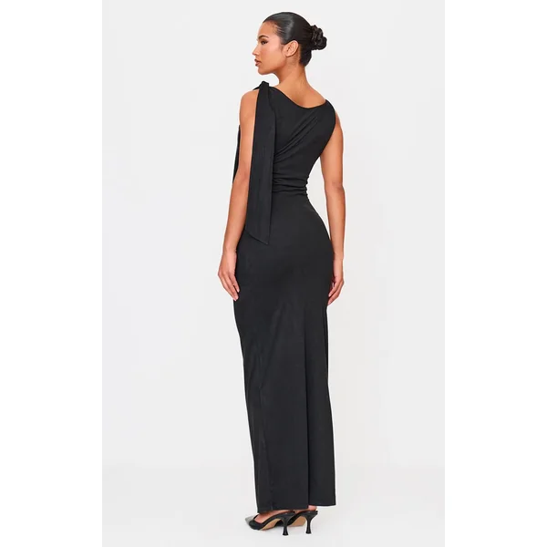 Noir Robe Longue Drapée À Nœud En Synthétique
