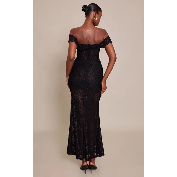 Noir Robe Longue En Dentelle Bandeau Avec Détail Corset
