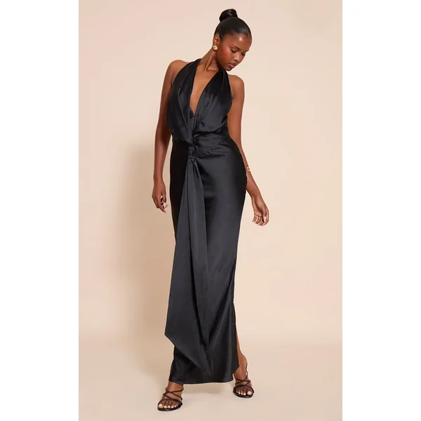 Noir Robe Longue En Satin Avec Détail Nœud