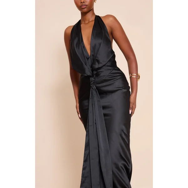 Noir Robe Longue En Satin Avec Détail Nœud