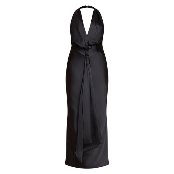 Noir Robe Longue En Satin Avec Détail Nœud