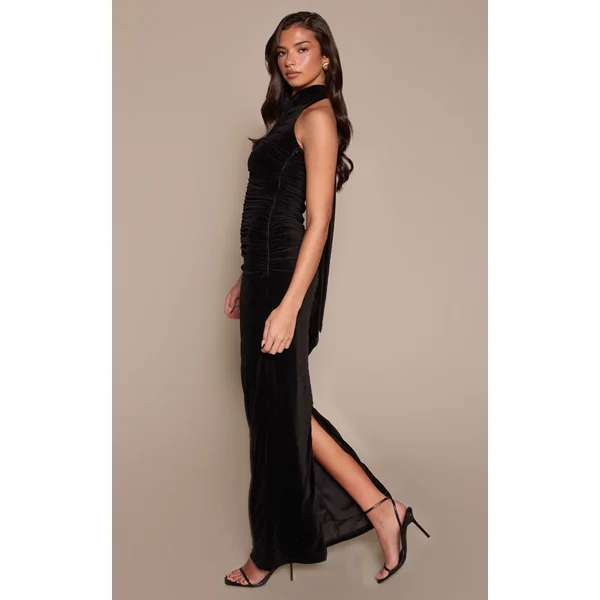 Noir Robe Longue En Velours À Col Montant Extrême Et Détails Froncés