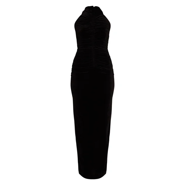 Noir Robe Longue En Velours À Col Montant Extrême Et Détails Froncés