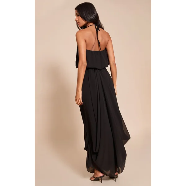 Noir Robe Longue Fluide En Mousseline De Soie Avec Col En V Drapé Pour Grande Taille
