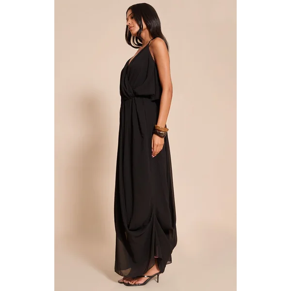 Noir Robe Longue Fluide En Mousseline De Soie Avec Col En V Drapé Pour Grande Taille