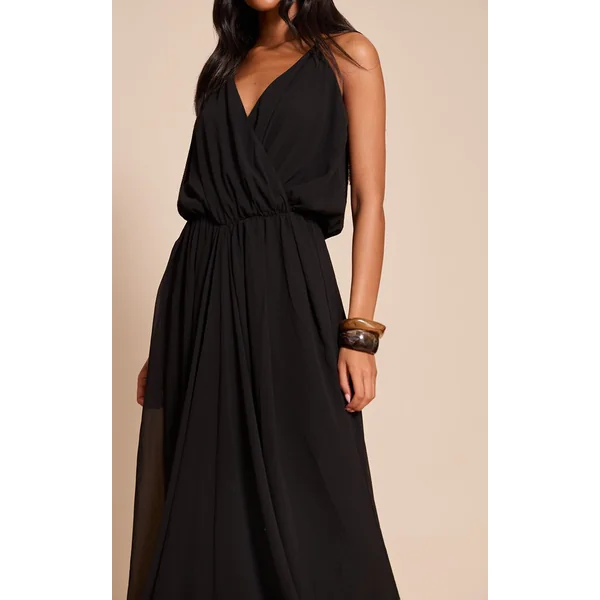 Noir Robe Longue Fluide En Mousseline De Soie Avec Col En V Drapé Pour Grande Taille