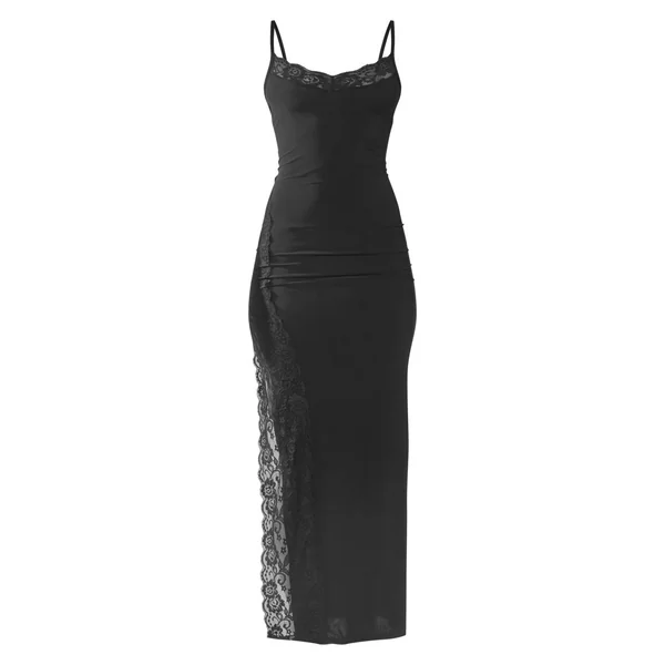 Noir Robe Longue Moulante Avec Détail Fendu Et Finitions En Dentelle
