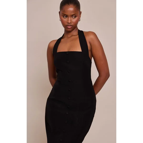 Noir Robe Longue Moulante À Encolure Américaine Et Boutons En Tissu Tissé