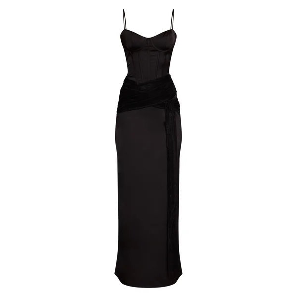 Noir Robe Longue Satinée À Corset Avec Détail De Dentelle Drapée