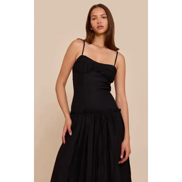 Noir Robe Longue Taille Basse À Buste Froncé