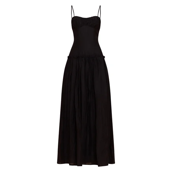 Noir Robe Longue Taille Basse À Buste Froncé
