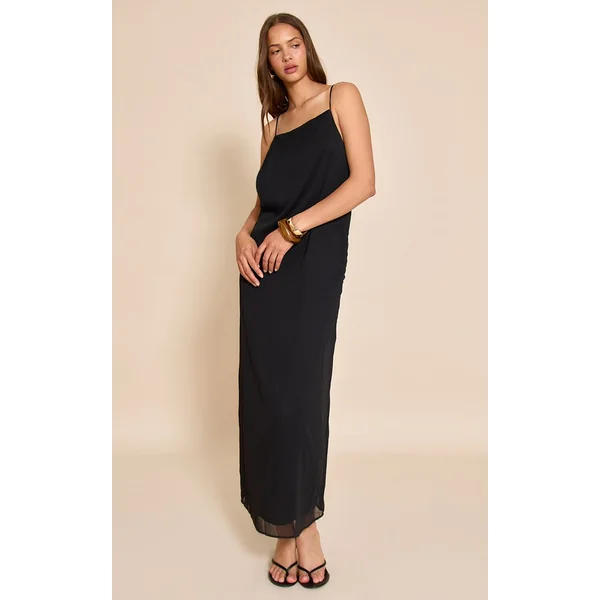 Noir Robe Longue Tissée À Bretelles Avec Détails De Finition