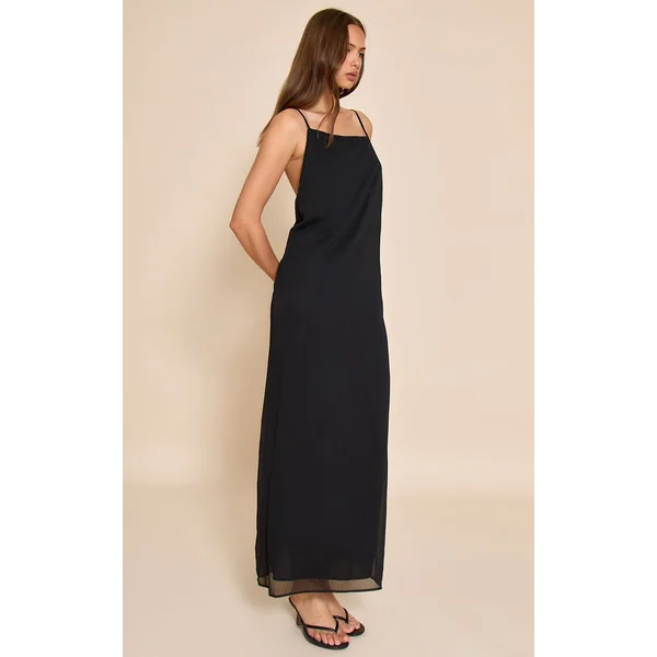 Noir Robe Longue Tissée À Bretelles Avec Détails De Finition