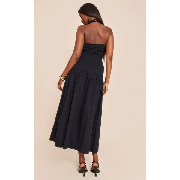Noir Robe Longue Tissée À Détails Froncés