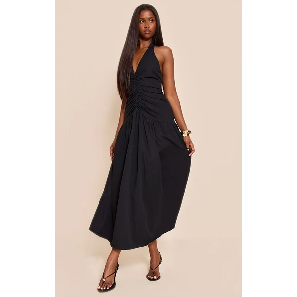 Noir Robe Longue Tissée À Détails Froncés