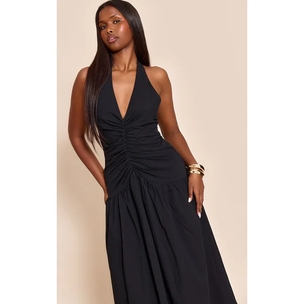 Noir Robe Longue Tissée À Détails Froncés