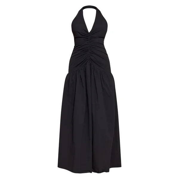 Noir Robe Longue Tissée À Détails Froncés