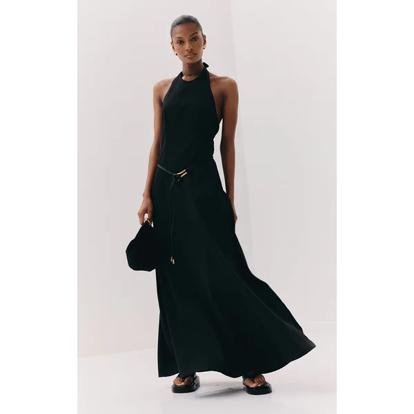 Noir Robe Maxi Ajustée À Encolure Américaine