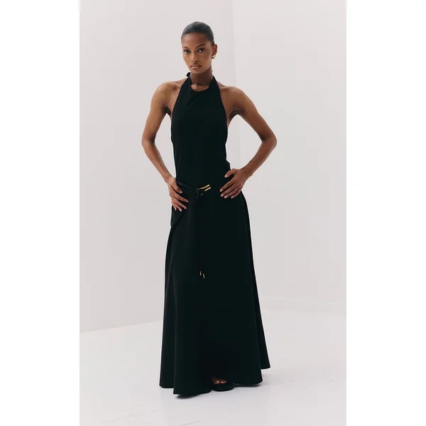 Noir Robe Maxi Ajustée À Encolure Américaine