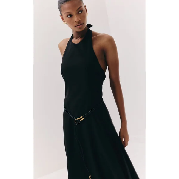 Noir Robe Maxi Ajustée À Encolure Américaine