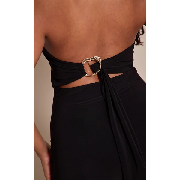 Noir Robe Maxi Ajustée À Encolure Licou Dos Noué Détail Doré Et Col Drapé