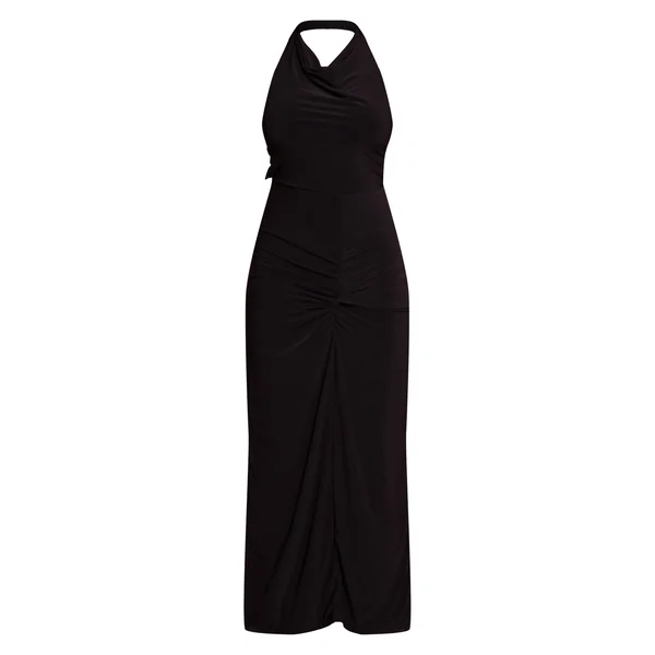 Noir Robe Maxi Ajustée À Encolure Licou Dos Noué Détail Doré Et Col Drapé