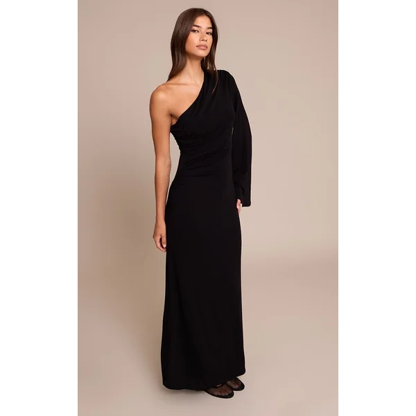 Noir Robe Maxi Asymétrique En Jersey À Détail Froncé Sur Une Épaule