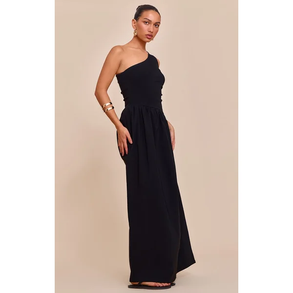 Noir Robe Maxi Asymétrique Une Épaule En Tissu Extensible Tissé