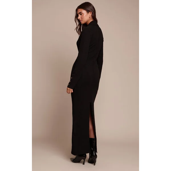 Noir Robe Maxi En Maille Bouclette Douce Avec Col Et Boutonnière