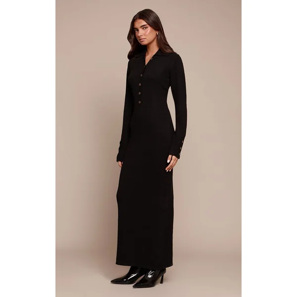 Noir Robe Maxi En Maille Bouclette Douce Avec Col Et Boutonnière