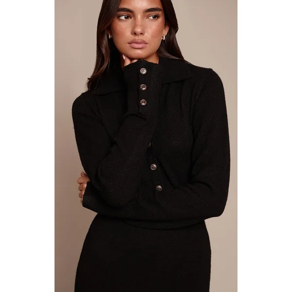 Noir Robe Maxi En Maille Bouclette Douce Avec Col Et Boutonnière