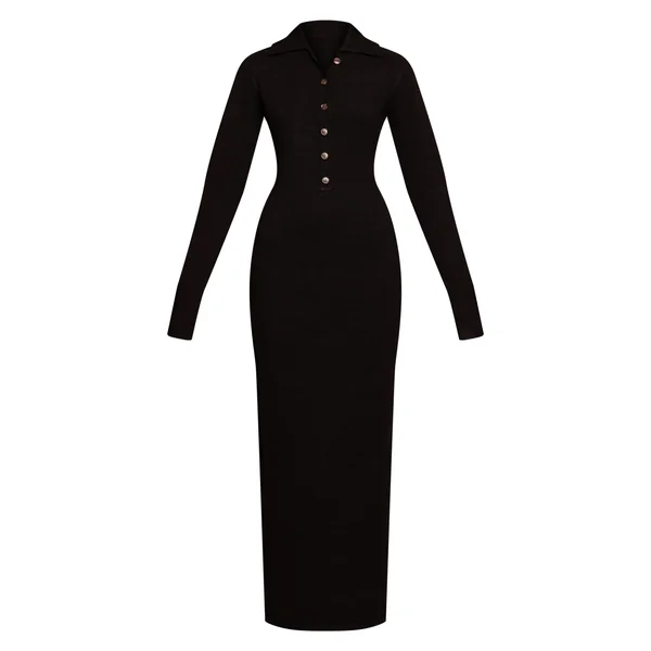 Noir Robe Maxi En Maille Bouclette Douce Avec Col Et Boutonnière