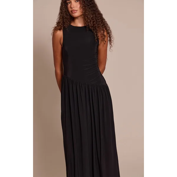 Noir Robe Maxi Longue À Double Couche Toucher Doux Avec Taille Basse Asymétrique