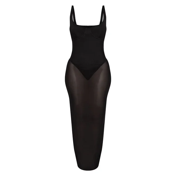 Noir Robe Maxi Moulante En Mesh Contrastant Avec Body Sculptant
