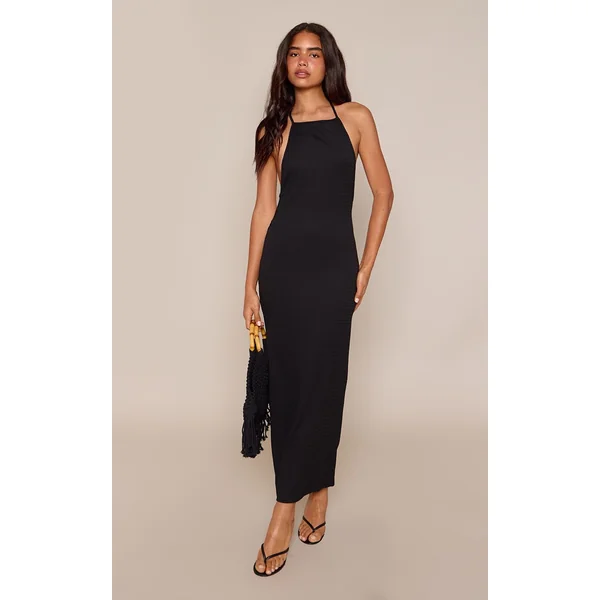 Noir Robe Maxi Moulante À Dos Texturé Et Perlé