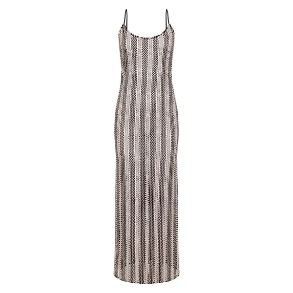 Noir Robe Maxi Moulante À Encolure Ronde Et Rayures Texturées