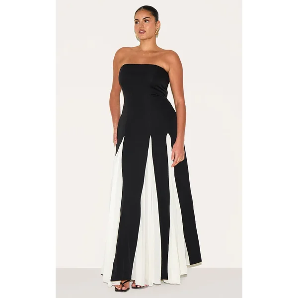 Noir Robe Maxi Plissée En Mousseline À Bandeau Contrasté Grande Taille