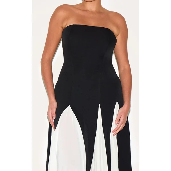 Noir Robe Maxi Plissée En Mousseline À Bandeau Contrasté Grande Taille