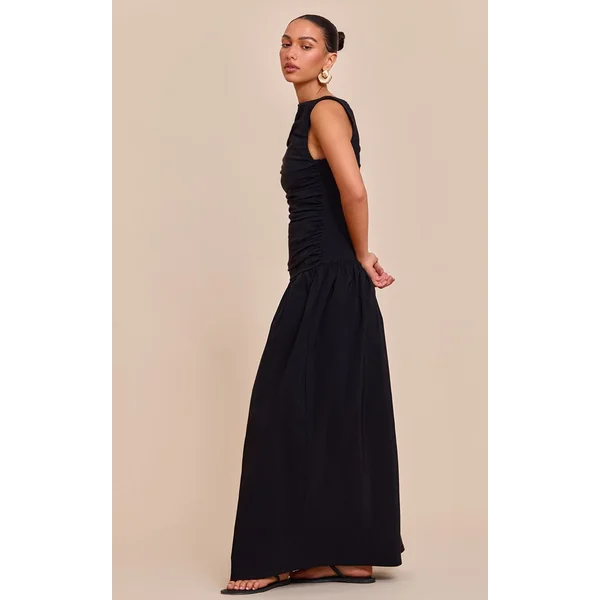 Noir Robe Maxi Taille Basse En Tissu Stretch Avec Détails Froncés