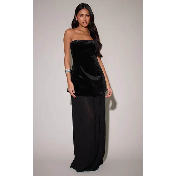 Noir Robe Maxi À Bustier En Velours Avec Jupe Plissée En Mousseline À Empiècement