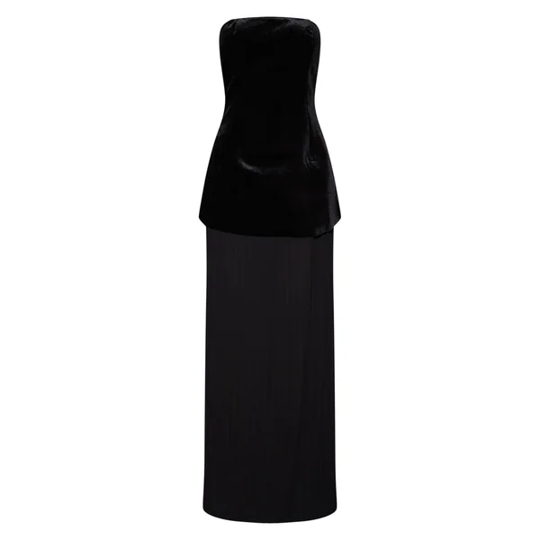 Noir Robe Maxi À Bustier En Velours Avec Jupe Plissée En Mousseline À Empiècement