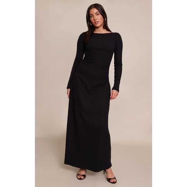 Noir Robe Maxi À Manches Longues Avec Ourlet Asymétrique