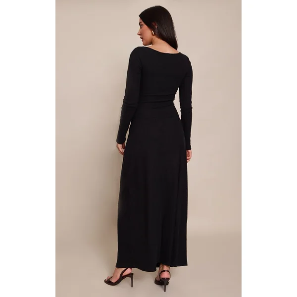Noir Robe Maxi À Manches Longues Avec Ourlet Asymétrique