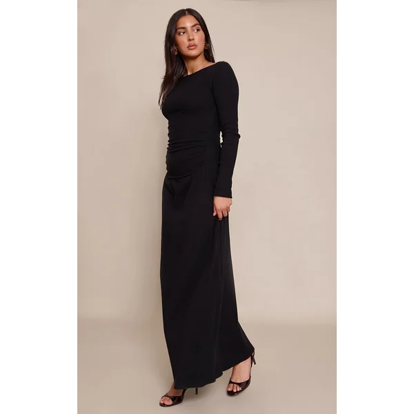 Noir Robe Maxi À Manches Longues Avec Ourlet Asymétrique